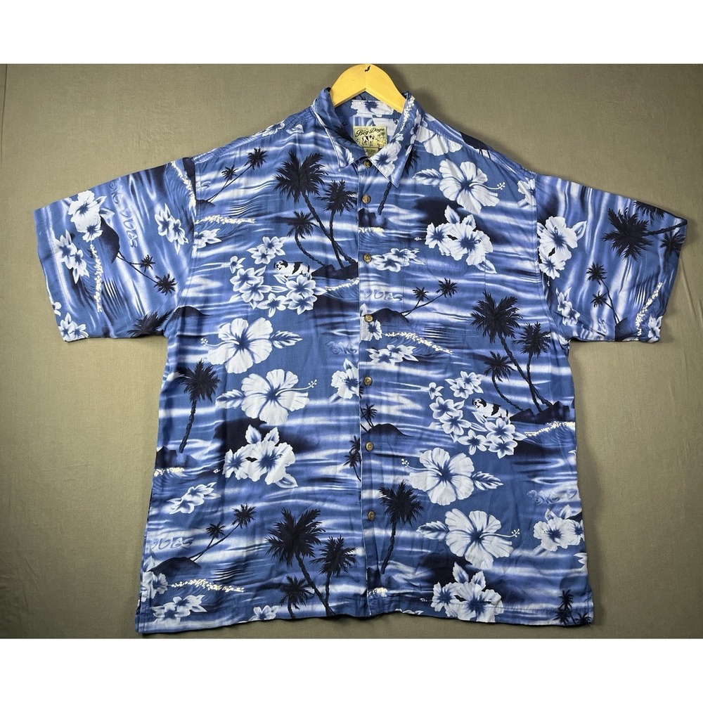 Vintage Big Dogs Mens XL Hawaiian Button Shirt Blue Floral